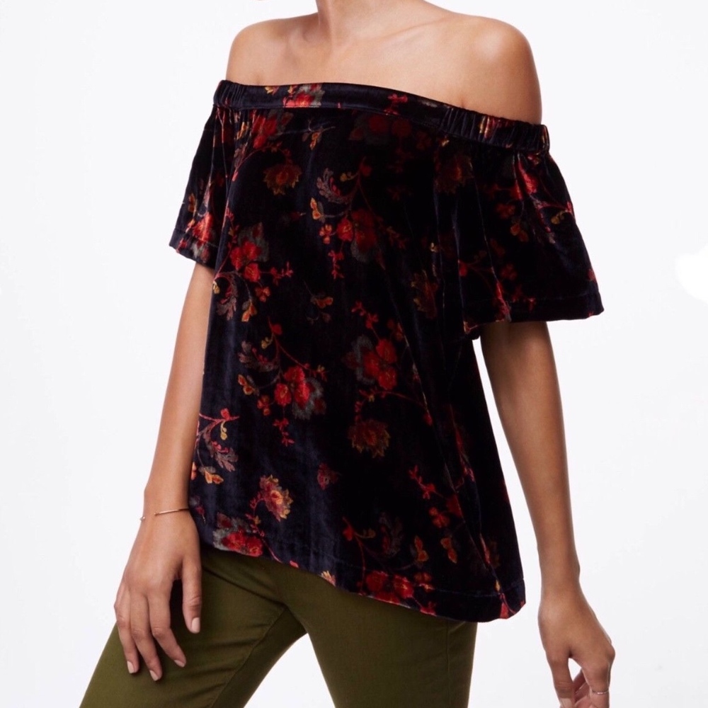 LOFT Small Blouse Velvet Floral Off Shoulder Top